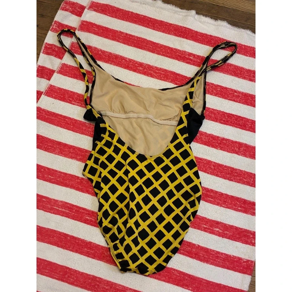 Girls Yellow Black Geometric Grid One Piece Swimsuit Athletic Swimwear